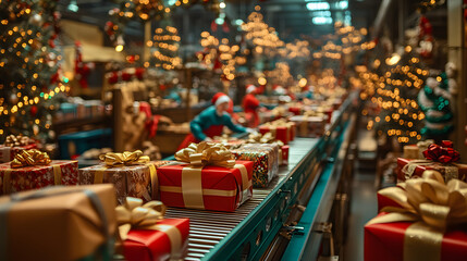 Obraz premium A large magical Christmas workshop with a conveyor belt carrying wrapped presents elves working diligently.
