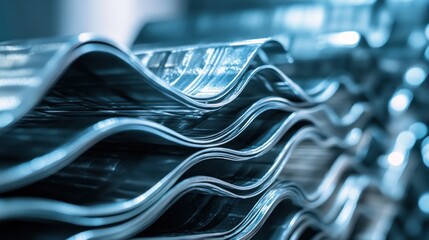 Metallic waves of stacked sheets in industrial setting.