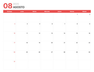 Calendario 2025. La semana del calendario 2025 empieza el domingo. Calendario corporativo minimalista limpio para Agosto 2025