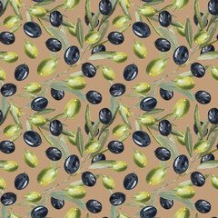 Olive branch seamless pattern. Hand drawn watercolor illustration. Green and black olive berries, leaves and twigs