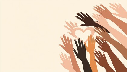 Obraz premium Multiracial hands creating a heart symbol representing compassion and togetherness on a soft gradient beige backdrop