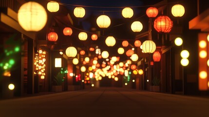 Enchanting Nighttime Street Scene with Colorful Lanterns Casting a Warm Glow on Cobblestone Pathway in an Asian-Inspired Alley