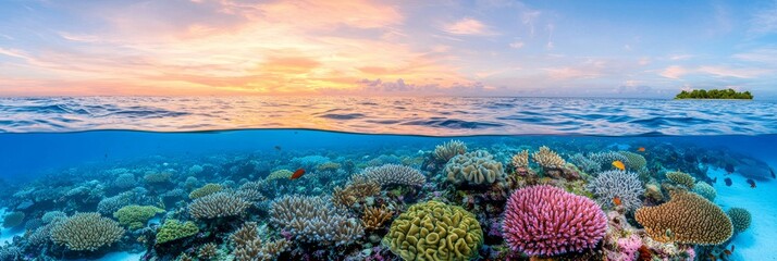 A sunset scene in Queensland, Australia, showing a split view of the Great Barrier Reef's coral marine ecosystem.