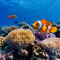 Lively underwater world teeming with various sea creatures, perfect for illustrating nature and marine conservation themes.