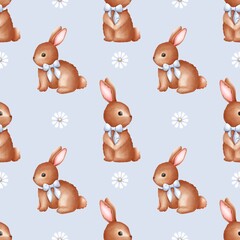Seamless easter pattern with cute rabbits and daisies . Texture for Wallpaper, Gift Wrapping paper. Ideal for fabric,scrapbooking,banner , card, wrapping paper,