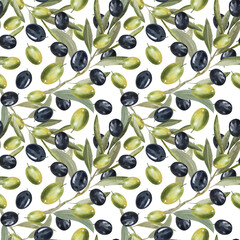 Olive branch seamless pattern. Hand drawn watercolor illustration. Green and black olive berries, leaves and twigs