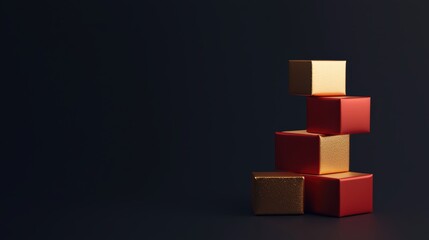 Stacked Christmas gifts arranged as a festive pile, featuring rich red and gold wrapping, perfect for holiday displays