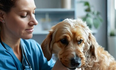 Veterinarian in blue scrubs caring for a dog in a veterinary clinic, offering attentive examination and support in a compassionate environment