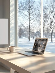 A sleek laptop in a modern office with snowy city views, perfect for winter-themed mockups and professional content