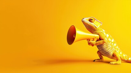 Vibrant chameleon holding a megaphone on an orange background playful concept for bold announcements and creative messages
