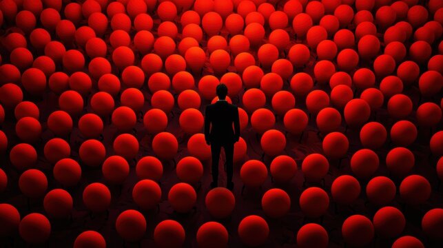 Unique orange silhouette surrounded by red masses concept of standing apart individuality and identity in a crowded world
