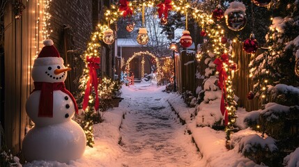 Enchanting Winter Pathway with Festive Lights, Snowman, and Decorative Ornaments in a Cozy Holiday Setting Featuring Snow and Christmas Cheer