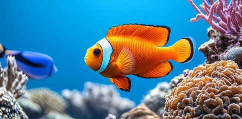 Obraz premium An underwater world filled with a dazzling array of tropical fish, radiant sunbeams, and a lively coral reef.