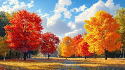 Vibrant Autumn Forest Path Painting. A picturesque autumn scene, showcasing a path winding through a colorful forest.