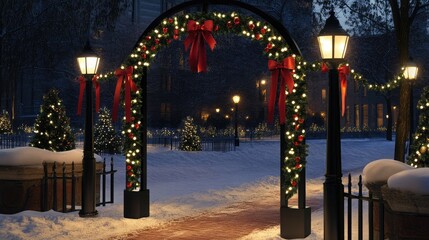 Obraz premium Enchanting Winter Wonderland with Festive Holiday Decorations, Snow Blankets, Illuminated Pathway, and Christmas Trees in a Serene Park Setting