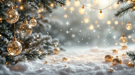 a christmas card with a gold background with a christmas tree and snowflakes.