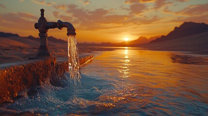 A stream of water from a faucet cascades onto parched desert sand, emphasizing the critical problems of water scarcity, drought, and the impact of global warming in arid regions.