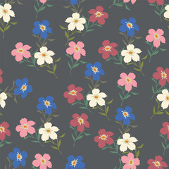 Seamless floral pattern, romantic ditsy print in delicate pastel colors. Cute botanical design of pretty small hand drawn flowers, tiny leaves, simple bouquets abstract. Vector illustration