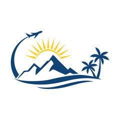 Stylish travel logo featuring airplane palm trees and mountains, rivers, Ideal for travel and adventure branding.