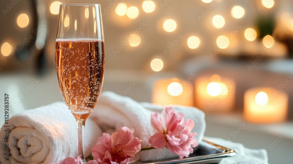 Aufkleber relaxation unfolds with a sparkling beverage beside fresh flowers and fluffy towels in a soothing at