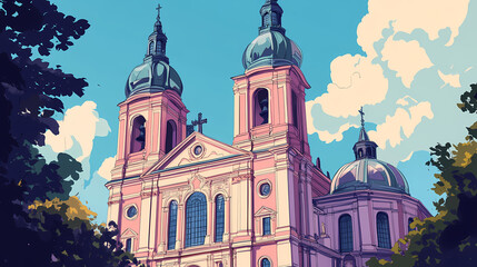 Fototapeta premium Baroque-style cathedral exterior. Basilica. Illustration