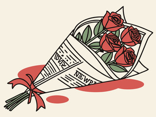 A bouquet of roses wrapped in a hand-drawn newspaper design.
