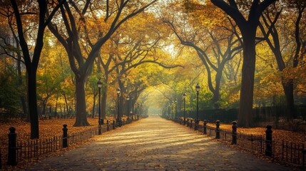 Fototapeta premium A serene autumn pathway lined with trees and fallen leaves, inviting leisurely strolls.