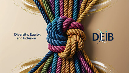 A visually striking representation of diversity, equity, and inclusion, symbolized by vibrant ropes of diverse colors and textures, intertwined and combined, conveying unity and harmony, against a war