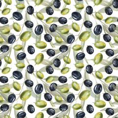 Olive branch seamless pattern. Hand drawn watercolor illustration. Green and black olive berries, leaves and twigs