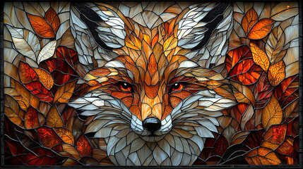 Stained Glass Playful Fox Head with Autumn-Inspired Leaf Patterns