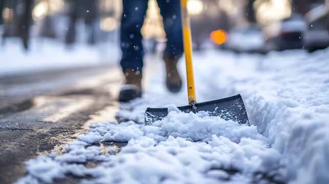 A pedestrian walking carefully on a freshly cleared sidewalk as a snow removal crew finishes shoveling snow to the side of the road.