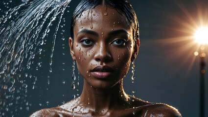fashion editorial, a portrait of a young beautiful black woman in water drops, wet hair and skeen, mystical gaze, highres, realistic photo, professional photography, cinematic angle, dynamic light bac
