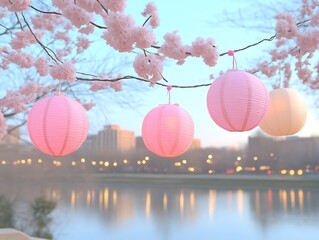 Pink Lanterns Hanging From Cherry Blossom Branches