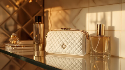 Cosmetic bag mockup in white quilted design with gold accents on elegant shelf, luxury atmosphere, copy space