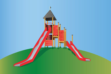 Castle climbing frame with two slides on a green hill on a playground. Yellow frame with red planks and red with silver slide and a witte gray roof.