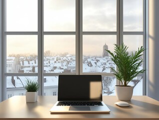 A modern office with minimalist decor and snowy rooftop views, ideal for professional and winter-themed designs.