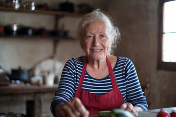 Retrato de una mujer mayor cocinando. Generado con IA