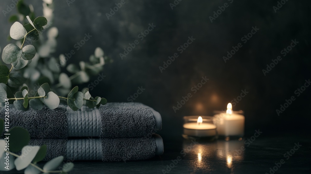 Poster soft gray towels are neatly stacked beside flickering candles, creating a tranquil atmosphere. fresh