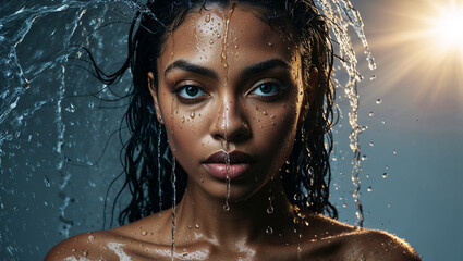 fashion editorial, a portrait of a young beautiful black woman in water drops, wet hair and skeen, mystical gaze, highres, realistic photo, professional photography, cinematic angle, dynamic light bac