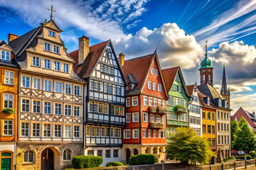 Naklejka premium Colorful historic buildings line a picturesque street under a dramatic sky, showcasing beautiful architecture and vibrant facades.