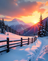 Icy Blue Snow Meets Warm Sunset Colors in a Winter Landscape