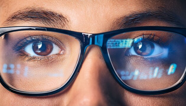 A close up view of the eyes and spectacles with blue light reflections from the computer screen; up and close to a person's eyes wearing glasses with blue light ray from the monitors; technology