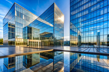 Modern glass buildings reflecting in a pool under a clear sky, showcasing contemporary architecture and urban design.