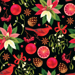 Seamless pattern with parts of winter plants