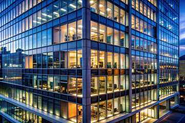 Modern office building illuminated at night, showcasing an urban workspace with glass facades and vibrant city lights.