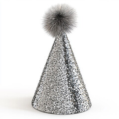 Sparkling Silver Party Hat with Sequins and Fluffy Pom-Pom on White Background
