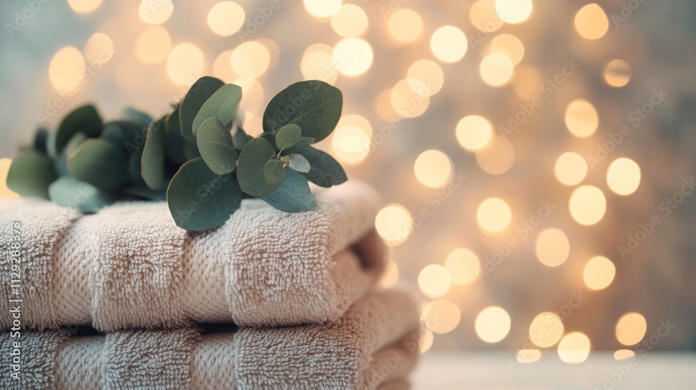 Poster Soft towels are neatly stacked with sprigs of eucalyptus on top, illuminated by warm, glowing bokeh lights in the background, creating a serene and eco-friendly beauty atmosphere.