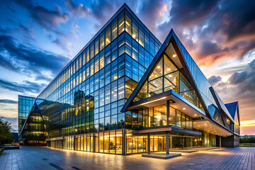 Obraz premium Modern glass building reflecting sunset hues with angular architecture and vibrant sky, showcasing contemporary design.