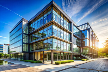 Obraz premium Modern glass office building bathed in sunset light, surrounded by greenery and a clear sky, showcasing contemporary architecture.