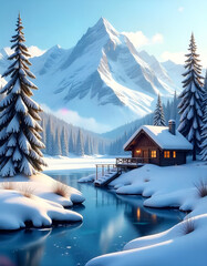 Winter Calm: Frozen Lake, Snowy Forest, and Majestic Peaks